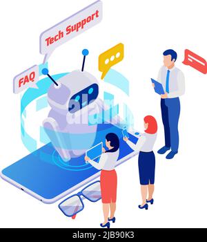 Isometric icon with customers asking questions to technical support chatbot 3d vector illustration Stock Vector