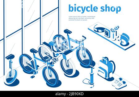 Bicycle shop window tools and accessories for cyclists in blue and white color 3d isometric vector illustration Stock Vector