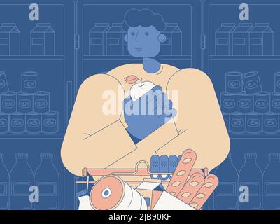Man with trolley doing grocery shopping on background with fridges with tins and dairy products flat vector illustration Stock Vector