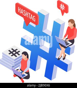 Social media hashtag isometric icon with two characters and laptops vector illustration Stock Vector