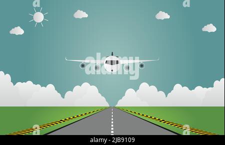 Airplane lands on airport on runway a plane landing or taking off.vector illustration Stock Vector