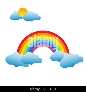 Rainbow with Sun and Clouds on white background,Vector illustration Stock Vector