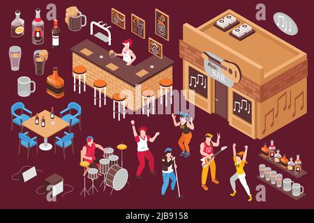 Music bar elements isometric set with bartender   pouring beer working musicians and dancing young people isolated vector illustration Stock Vector