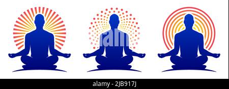 Man yoga logo vector templates. Relaxing human in a lotus zen pose with a round sun halo. Stock Vector