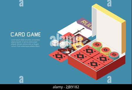 People playing board games isometric background with editable text and images of gaming set with chips vector illustration Stock Vector