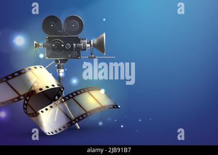 Film stripes realistic composition with abstract gradient background blurry lights and classic filming camera with reel vector illustration Stock Vector