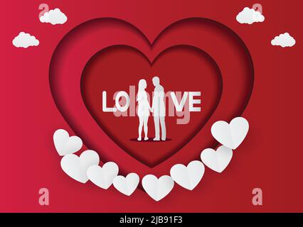 Valentine's day card in a heart frame Stand hand in hand with LOVE letters.,paper art style.vector illustrator Stock Vector