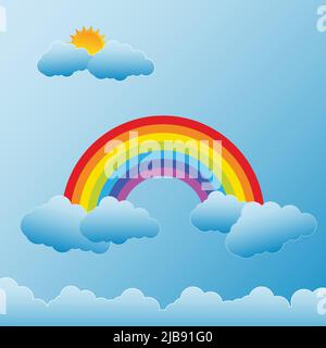 Rainbow with Sun and Clouds,Vector illustration Stock Vector