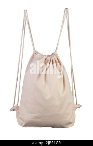 Drawstring pack template jute isolated on white. White bag. File contains clipping path. Stock Photo