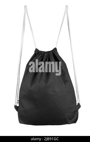 Drawstring pack template jute isolated on white. Black bag. File contains clipping path. Stock Photo