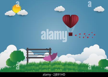 Valentine's day umbrella with chair balloons in a heart shaped flying over grass view background, paper art style,Vector illustration Stock Vector