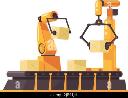 Flat automated robotic arms packing boxes on conveyor belt vector illustration Stock Vector