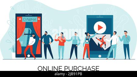 Cinema online ticket composition with online purchase description and queue for tickets vector illustration Stock Vector