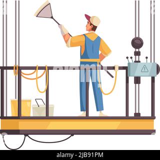 Flat icon of professional cleaner washing windows on elevator vector illustration Stock Vector