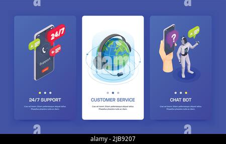 Three vertical customer service isometric banner set with customer service chat bot and 24 7 support headlines vector illustration Stock Vector