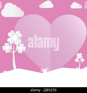 Heart tree cut pink paper love valentine day with clouds,Vector llustration Stock Vector