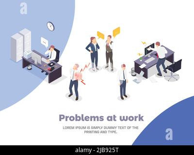 Problem situations at work isometric concept with problems at work headline and different stress situations vector illustration Stock Vector