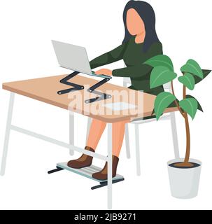 Contemporary workspace flat composition with woman sitting at desk with foldable stand for laptop and legs vector illustration Stock Vector