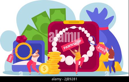 Pawnshop flat composition with characters of happy people near money banknotes and coins with jewelry items vector illustration Stock Vector