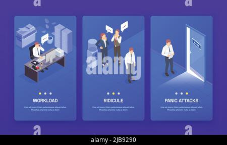 Three vertical problem situations at work isometric banner set with workload ridicule and panic attack headlines vector illustration Stock Vector