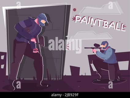 Paintball flat poster with two shooting players in protective uniform special weapon and accessories for playing vector illustration Stock Vector