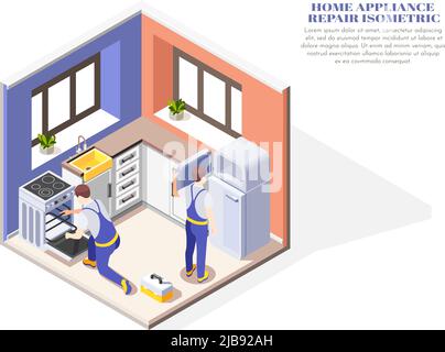 Isometric composition with two handymen repairing home appliances in kitchen 3d vector illustration Stock Vector