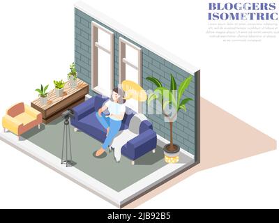 Vlogger sitting on sofa recording video with camera isometric composition 3d vector illustration Stock Vector