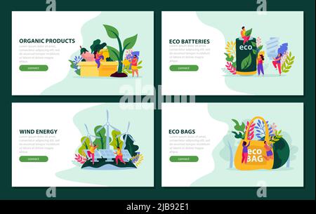 Ecology and save nature concept flat 4x1 collection of horizontal banners with clickable button and text vector illustration Stock Vector