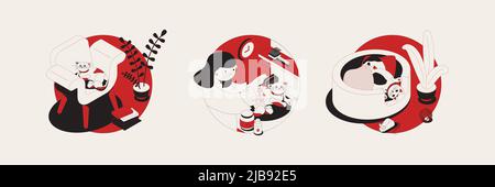 Cat set of three round compositions with isometric pet images human characters and elements of interior vector illustration Stock Vector