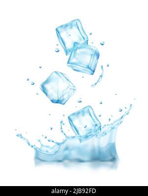 Realistic ice cubes splashes composition with view of cubes falling into cold water with drops vector illustration Stock Vector