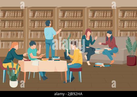 Flat composition with modern students studying together in library ...