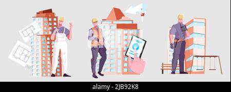 Colored flat new buildings composition three icons with foreman architect and builder vector illustration Stock Vector
