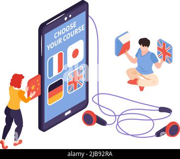Isometric language center courses composition with people holding national flags and smartphone with headphones vector illustration Stock Vector