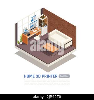 Empty room with home 3d printer printing blue model isometric composition vector illustration Stock Vector