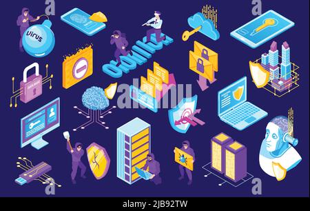 Isometric cybersecurity horizontal set of isolated icons and robber characters with electronic devices and protection signs vector illustration Stock Vector