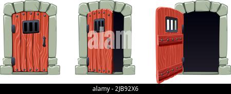 Open doors cartoon set with cell doors isolated vector illustration Stock Vector