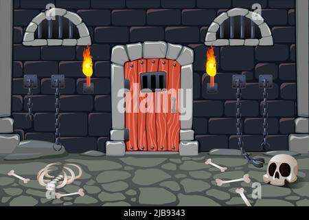 Cartoon doors composition with view of scary dungeon with torches human bones skull and chain fetters vector illustration Stock Vector