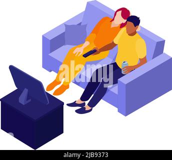 Isometric online cinema composition with loving couple watching movies on sofa vector illustration Stock Vector