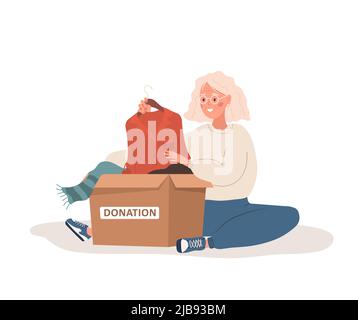 Clothes donation. Elderly woman putting old used clothes ready to be shared or recycled to cardboard box. Volunteering and social care concept Stock Vector