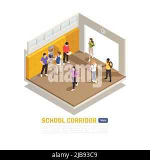 High school students in corridor during break 3d isometric composition vector illustration Stock Vector