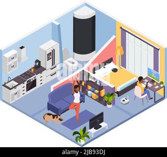 Working distantly following gym program online during corona virus stay home isometric apartment interior vector illustration Stock Vector