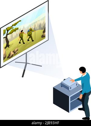 Character turning on projector to watch movie on projection screen isometric vector illustration Stock Vector