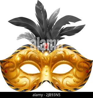 Realistic carvinal mask composition with isolated image of golden masquerade mask with black feathers vector illustration Stock Vector