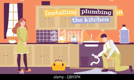 Plumbing installation flat composition with text and indoor kitchen interior scenery with plumber setting sink up vector illustration Stock Vector