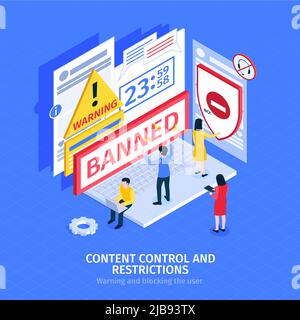 Internet blocking composition with people banned on social site 3d isometric vector illustration Stock Vector