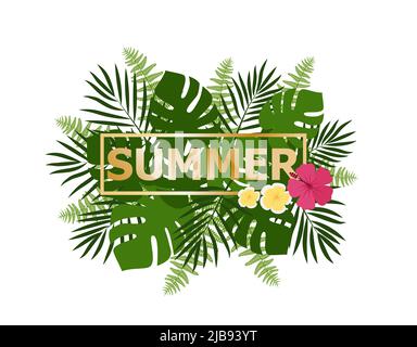 Hello summer background with tropical plants and flowers. For typographical, banner, poster, party invitation. vector illustration Eps 10 Stock Vector