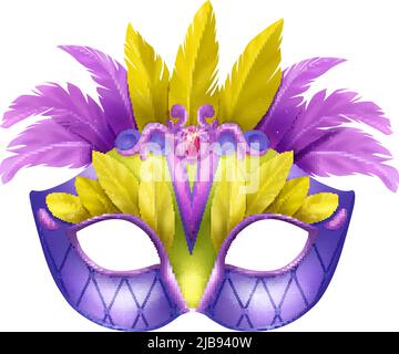 Realistic carvinal mask composition with isolated image of masquerade mask with purple and yellow feathers vector illustration Stock Vector
