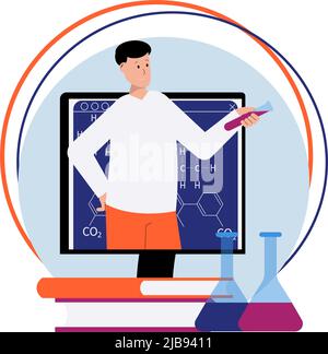 Online science lesson flat composition with computer male teacher books and flasks vector illustration Stock Vector