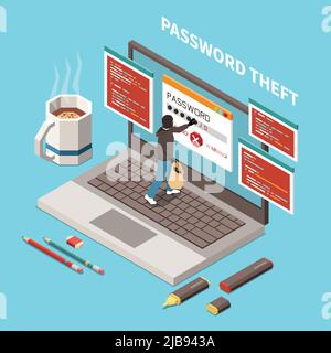 Hacker fishing digital crime isometric and isolated composition with password theft headline vector illustration Stock Vector