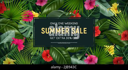 Realistic hibiscus horizontal ads poster with rectangular frame editable text discount and tropical foliage flowers background vector illustration Stock Vector